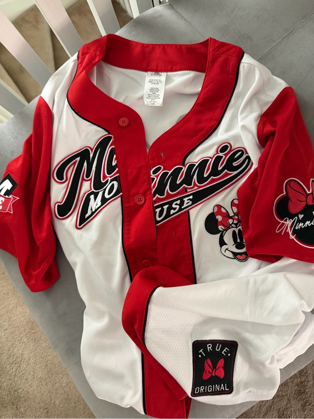 Disney Red and White Minnie Mouse Button-Front Baseball Shirt